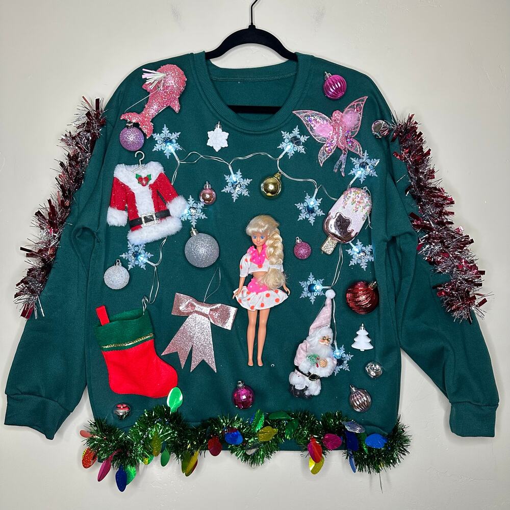 Ugly Christmas Sweater Barbie LIGHTS UP Tacky Tinsel Xmas Party Winner Sz Large